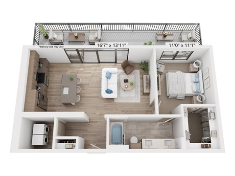 Floor plan for 1 bed, 1 bath, 840 sqft